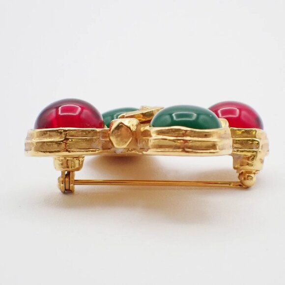 CHANEL CC Logo Gripoix Glass Brooch 97A Gold France Green Red Vintage 10RL404 - Picture 2 of 6